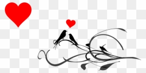 Two black silhouetted birds perched on ornate swirling branches with two red hearts above, evoking love and romance.