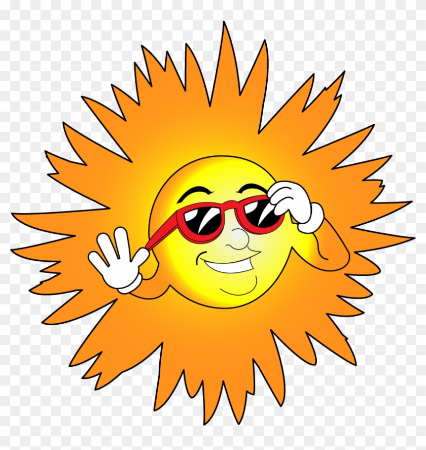 Cheerful cartoon sun wearing red sunglasses, waving and adjusting glasses with a smile.