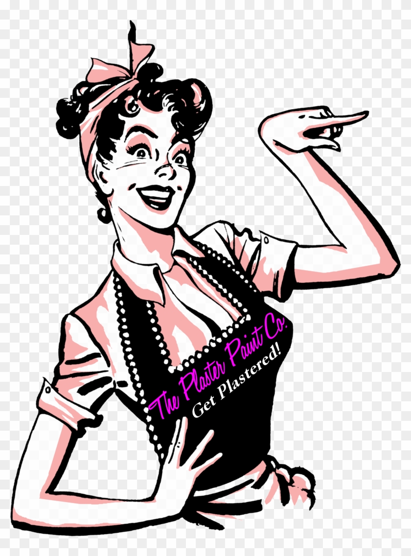 Retro-style pin-up woman in apron pointing, promoting "The Plaster Paint Co." with slogan "Get Plastered!"