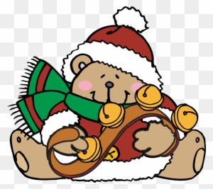 Festive teddy bear wearing Santa hat and scarf, holding jingle bells and a sleigh bell strap.