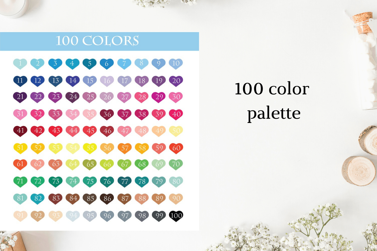 100-color palette chart with numbered heart-shaped swatches arranged in a grid, styled for design inspiration.