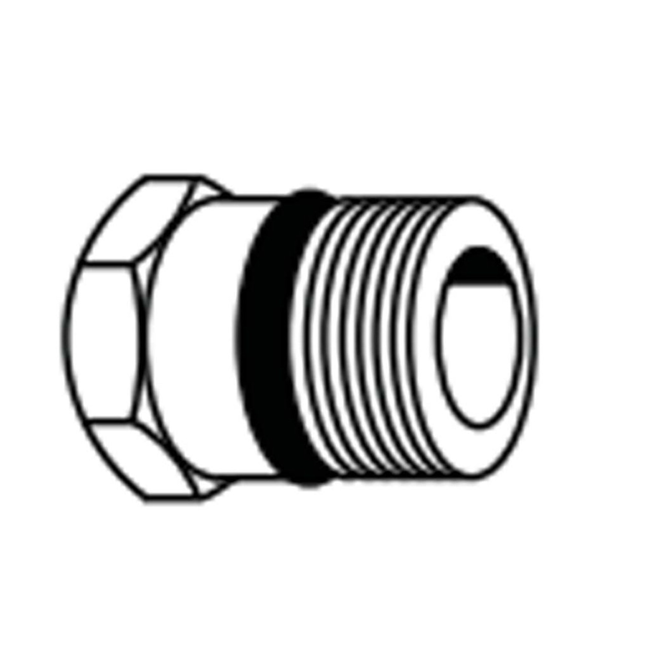 Black-and-white line drawing of a hex-nut threaded pipe fitting with O-ring seal.