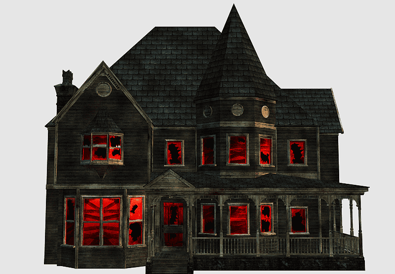 Haunted Victorian-style house with dark wood siding, broken windows glowing red, and eerie silhouettes inside.