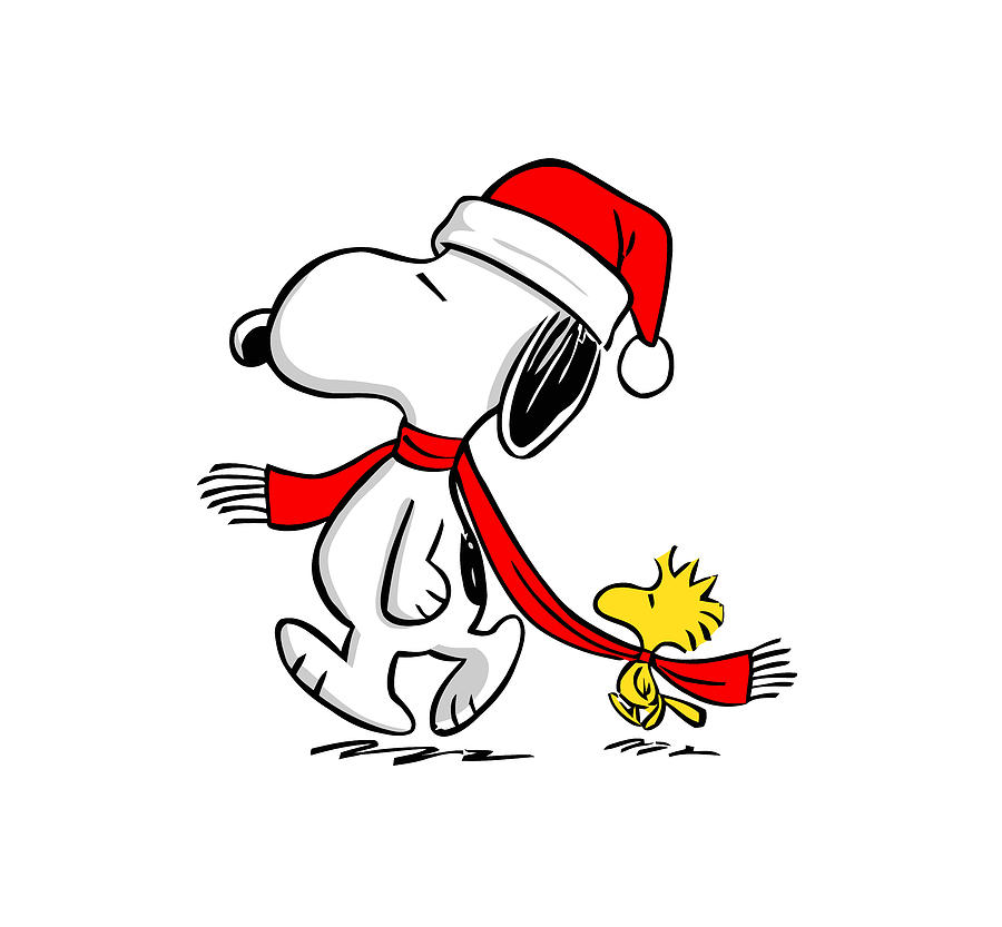 Snoopy and Woodstock in Festive Christmas Outfit - Peanuts Holiday Illustration