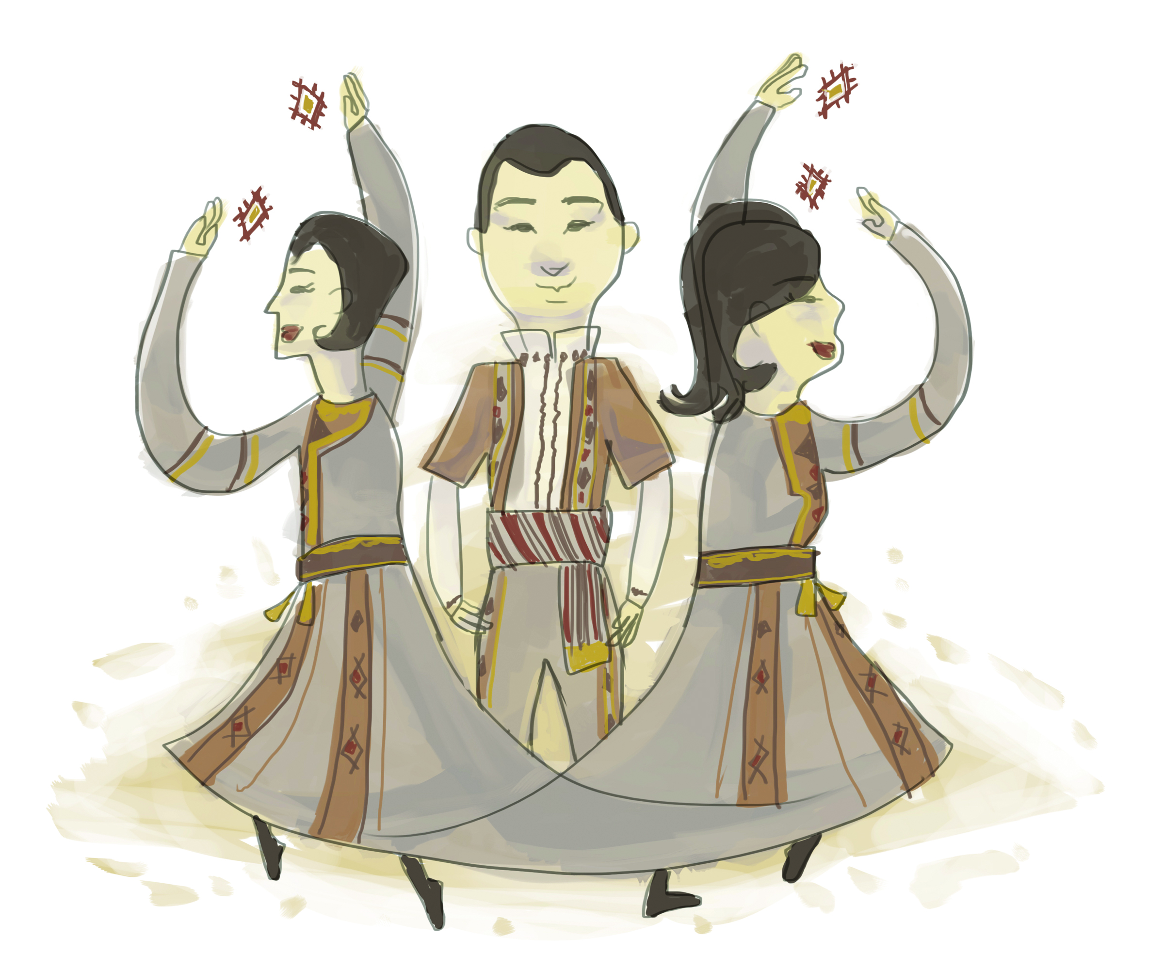 Three dancers in traditional Central Asian attire performing a folk dance with raised arms and swirling skirts.