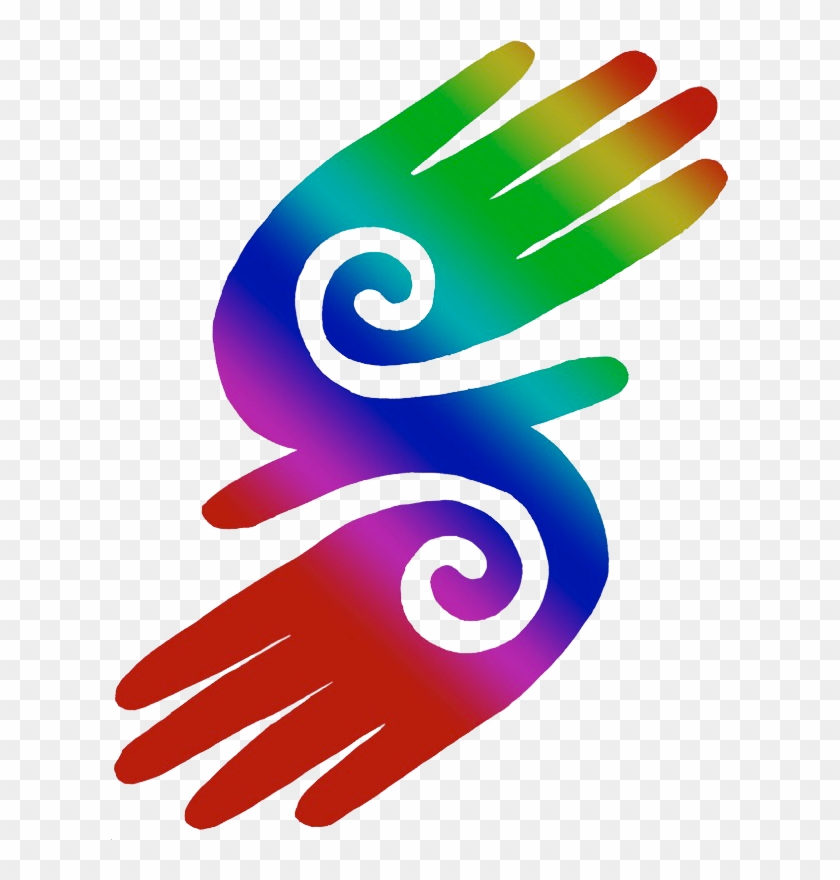 Rainbow-colored stylized hands with spiral motifs, symbolizing unity, diversity, and compassion.