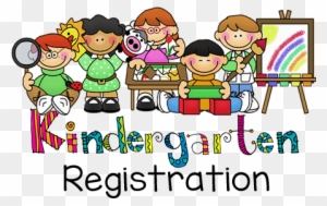 Colorful cartoon children engaged in kindergarten activities like painting, science, and reading, with "Kindergarten Registration" text below.