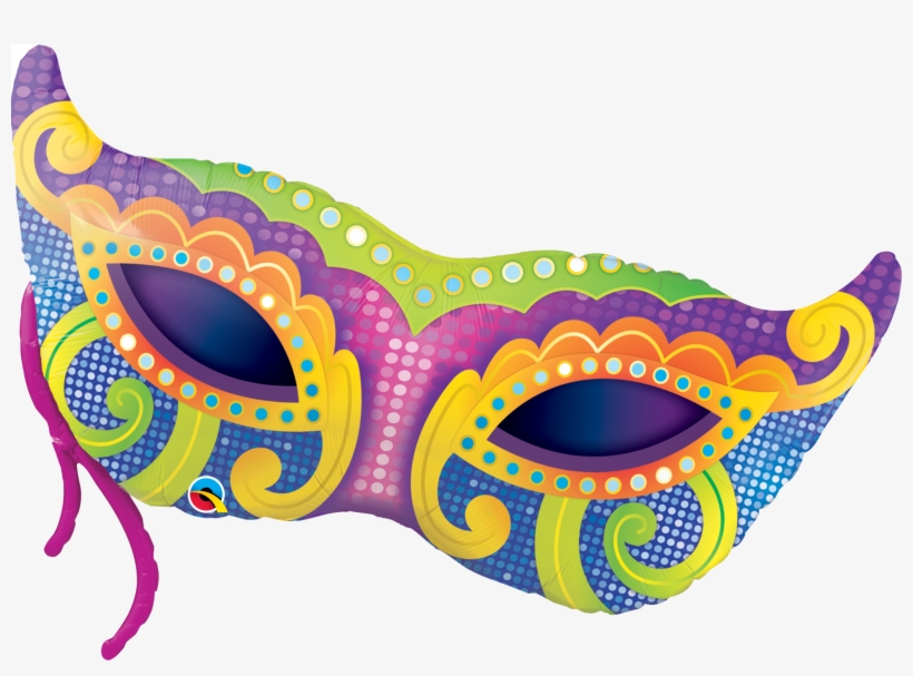 Vibrant Mardi Gras-style masquerade mask with purple, green, gold, and blue swirls and polka dots.