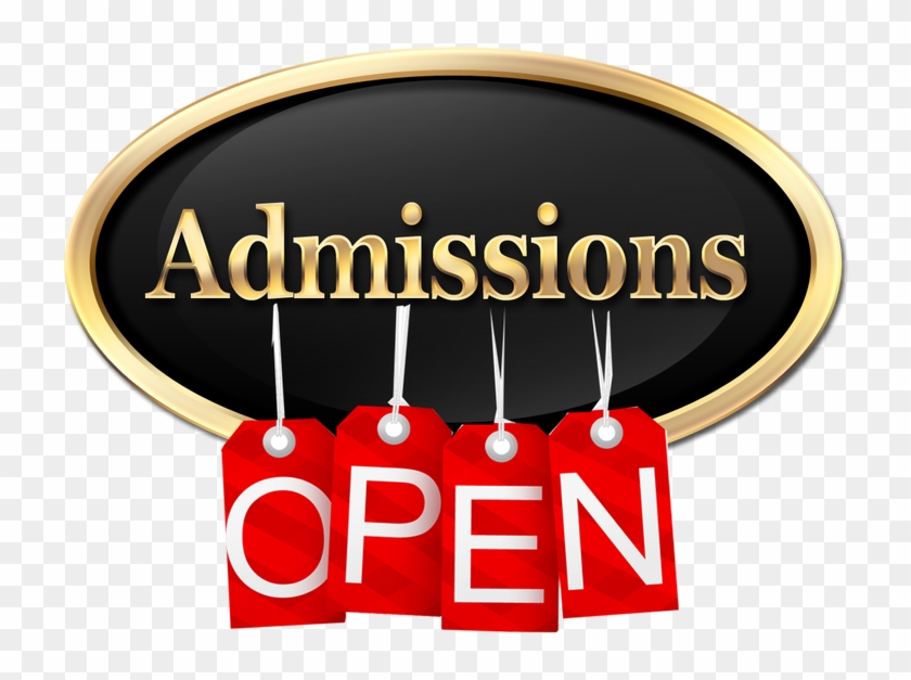 Gold "Admissions" sign with red hanging tags spelling "OPEN" on a transparent background.