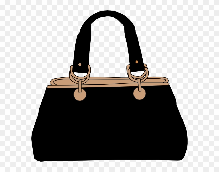 Classic black handbag with tan trim, dual top handles, and decorative metal rings and studs.