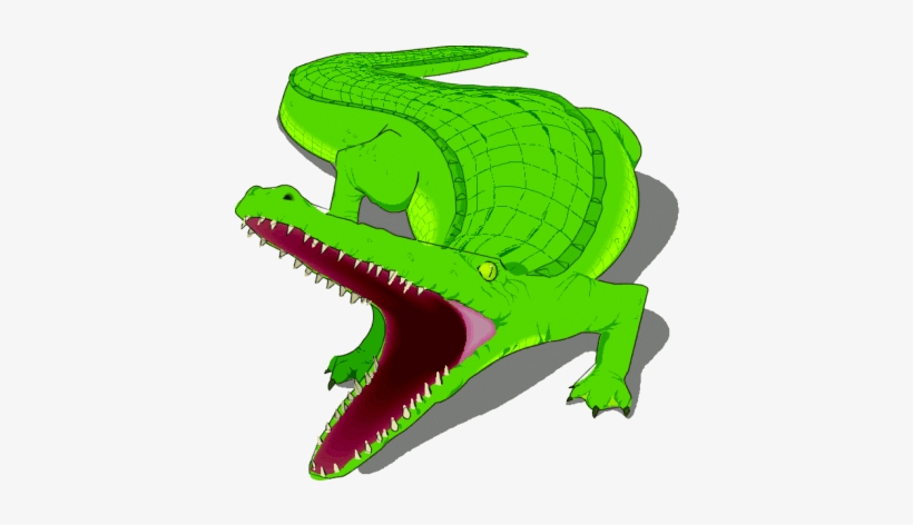 Bright green cartoon crocodile with open jaws, sharp teeth, and textured scales, shown in dynamic side profile.