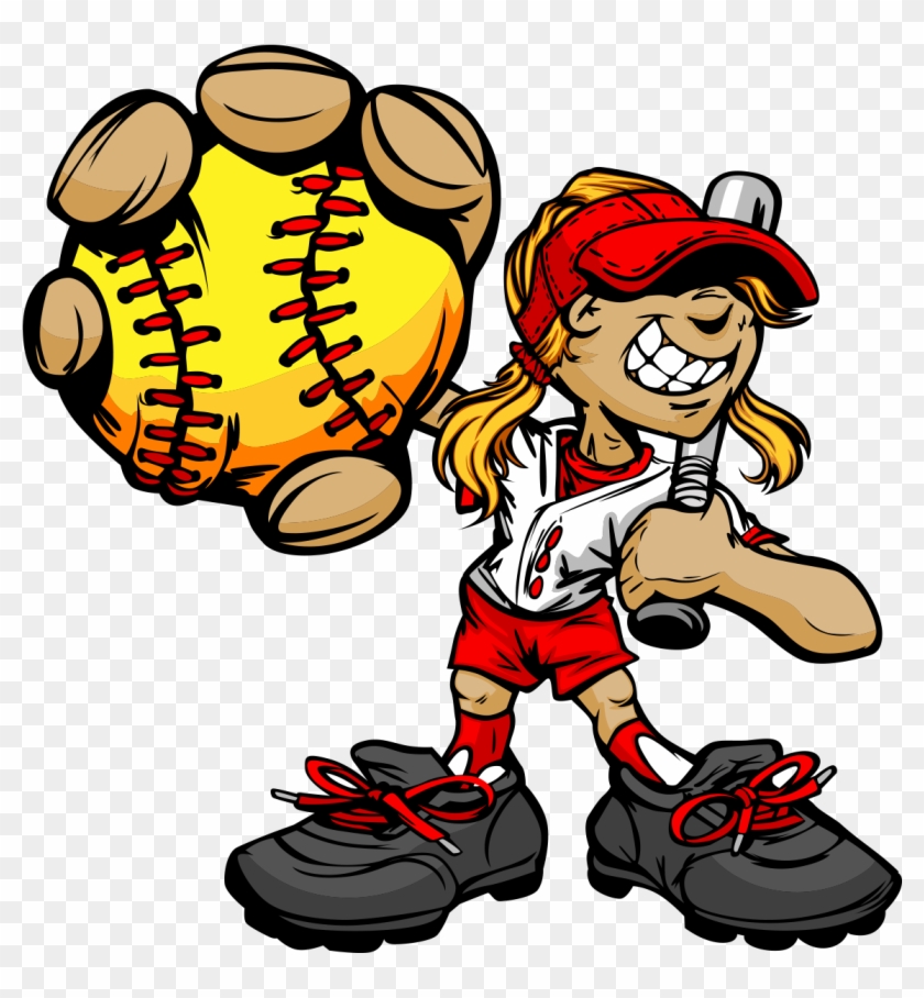 Cartoon softball player with bat and oversized yellow softball, smiling confidently in sportswear.