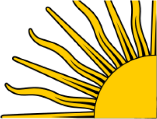 A stylized yellow sun with wavy rays rising from the bottom right against a black background.
