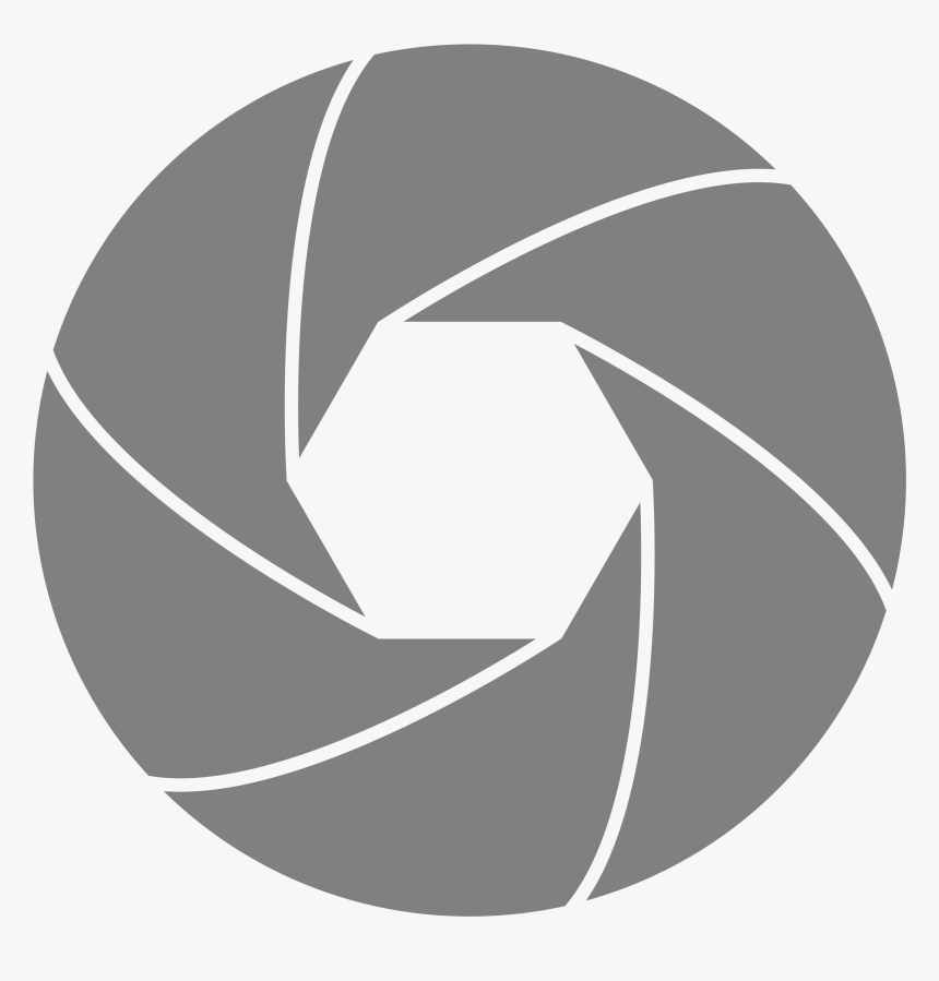 Gray camera lens aperture icon with hexagonal opening and overlapping blades.