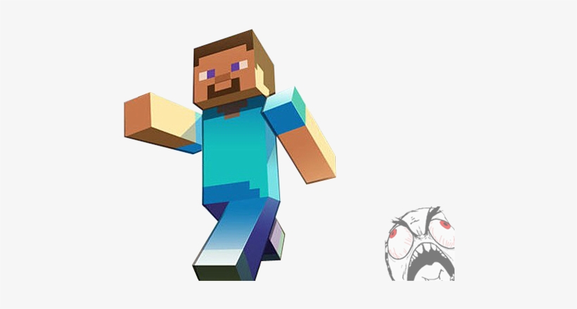 Minecraft character Steve walking confidently beside a screaming rage face meme.