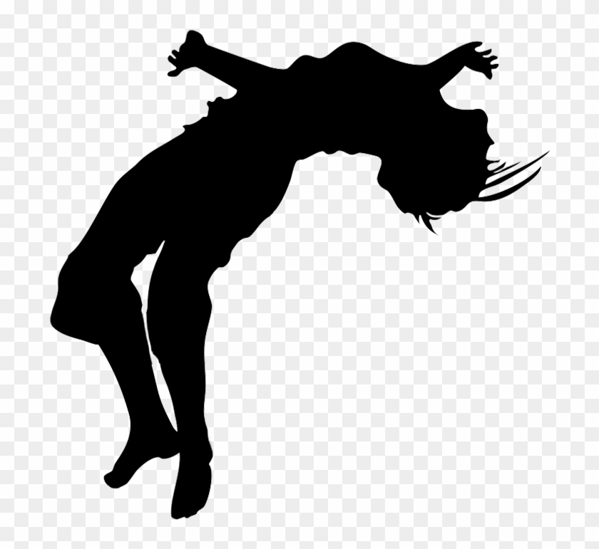 Silhouette of a person mid-air performing a dynamic backflip with outstretched arms and flowing hair.