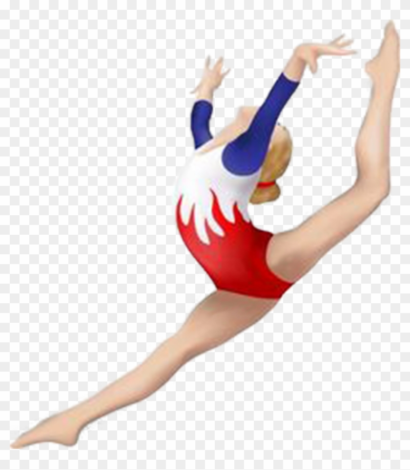 Female gymnast performing a split leap in red, white, and blue leotard with flame design.