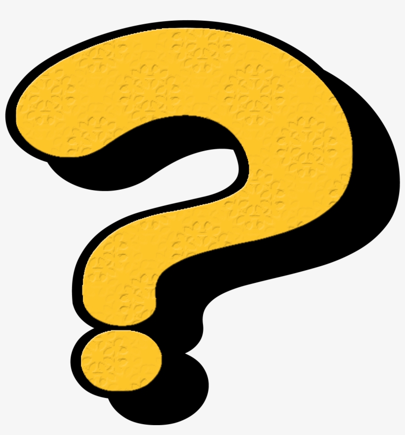 A bold yellow question mark with black outline and floral texture pattern on white background.