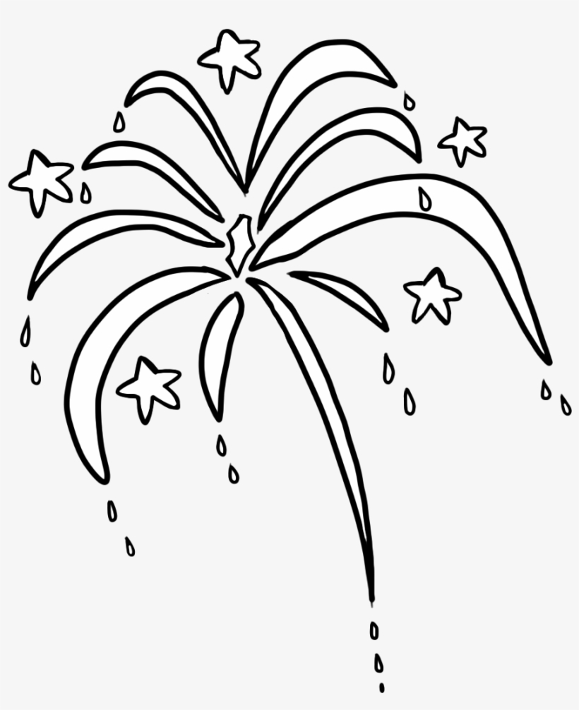 Black-and-white line drawing of a bursting firework with stars and droplets.