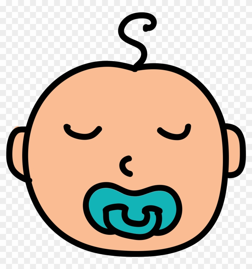 Cute cartoon baby sleeping with blue pacifier and curly hair swirl.