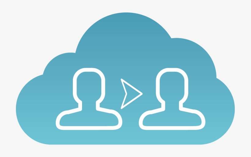 Blue cloud icon with two user silhouettes and a right-pointing arrow, symbolizing user data transfer or collaboration in the cloud.