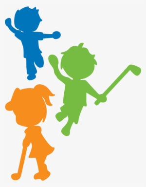 Three colorful child silhouettes-blue, green, and orange-joyfully playing sports with golf clubs and raised arms.