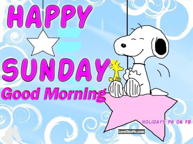 Snoopy and Woodstock on a pink star with "Happy Sunday Good Morning" text against a blue sky background.