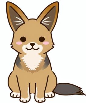 Cute cartoon fennec fox sitting with large ears, pink cheeks, and a fluffy white chest.