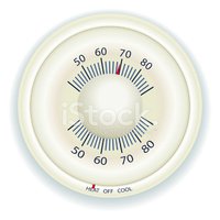 Classic round analog thermostat with temperature dial ranging from 50°F to 80°F and heat/off/cool settings.