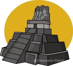 Stylized Mayan pyramid with stepped tiers and stone statue against a golden sun backdrop.