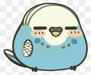 Cute cartoon blue budgerigar with closed eyes, blushing cheeks, and a feather pattern on its wing.