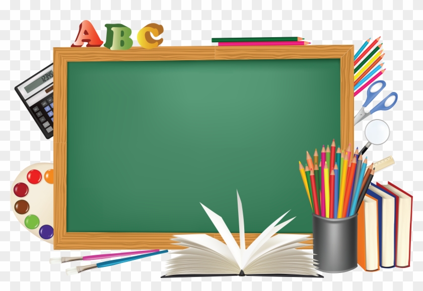 Green chalkboard surrounded by colorful school supplies including pencils, books, calculator, paint palette, and ABC letters.
