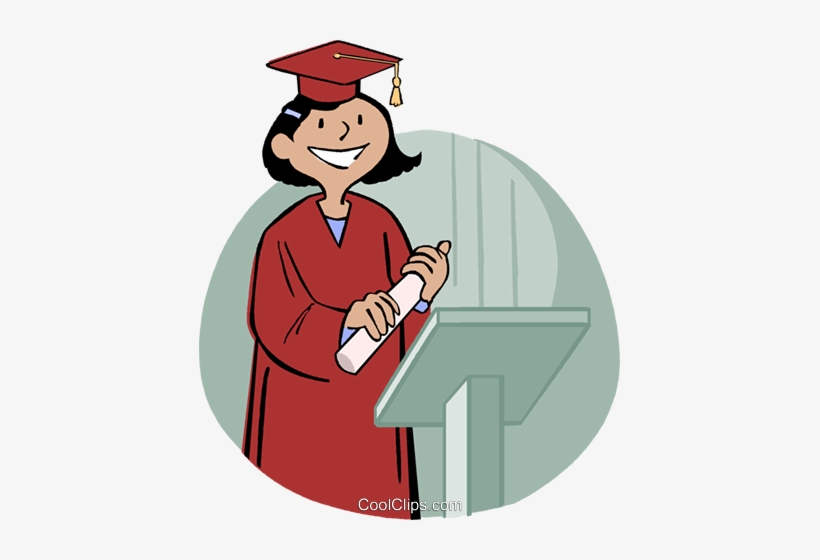 Smiling graduate in red cap and gown holding diploma at podium.