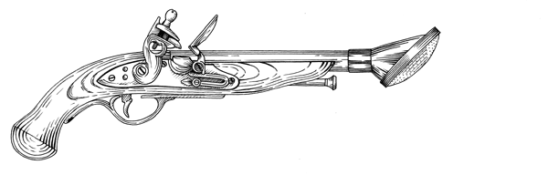 Detailed line drawing of an ornate 18th-century flintlock pistol with decorative wood grain and brass fittings.