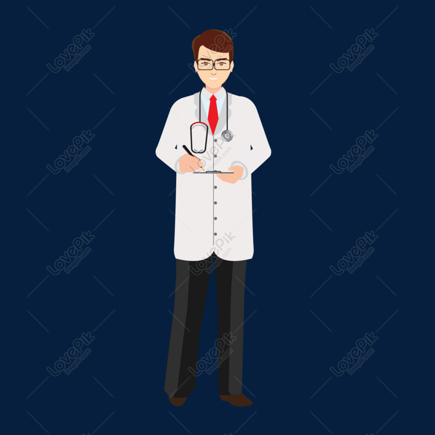 Male doctor in white coat with stethoscope, holding clipboard and pen, standing against dark blue background.