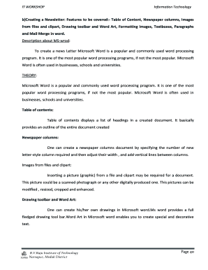 Microsoft Word interface showing newsletter creation features: table of contents, newspaper columns, images, drawing tools, and word art.
