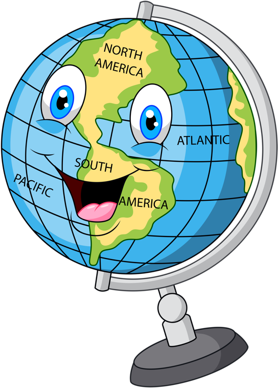 Smiling cartoon globe with eyes, mouth, and labeled continents and oceans on a stand.