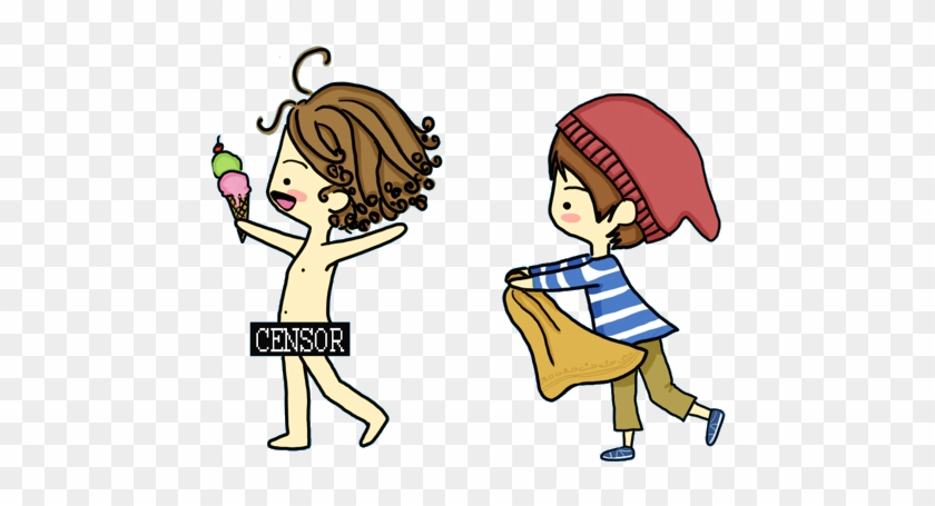 Two cartoon characters: one nude with "CENSOR" label holding ice cream, another in striped shirt and beanie carrying pants.
