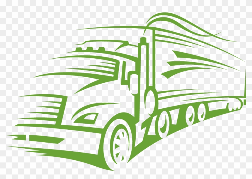 Green stylized semi-truck icon with motion lines indicating speed and efficiency.