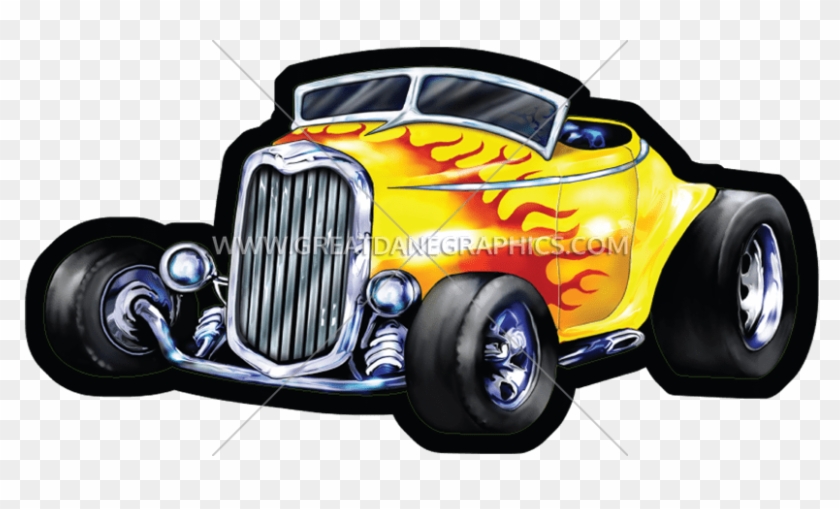 Vibrant yellow hot rod with flame decals, chrome grille, and oversized tires on transparent background.