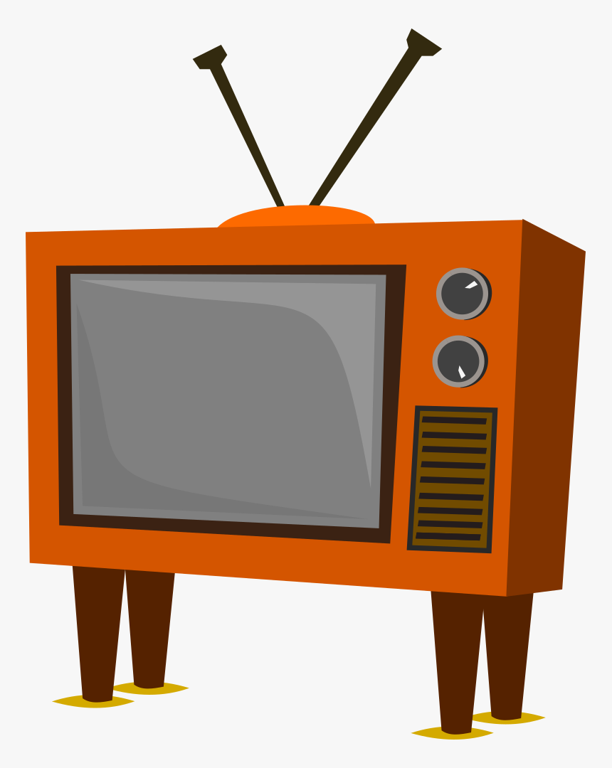 Vintage orange CRT television with rabbit-ear antenna and wooden legs.