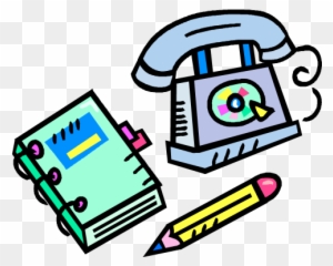 Cartoon-style green notebook, blue rotary phone, and yellow pencil on transparent background.