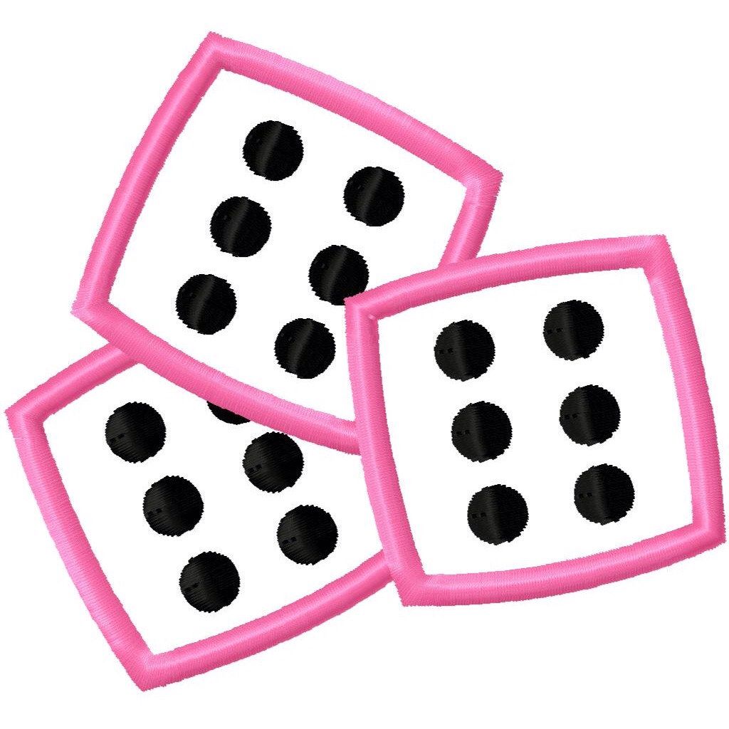 Three pink-outlined dice with black pips, all showing sixes, in embroidered-style vector illustration.
