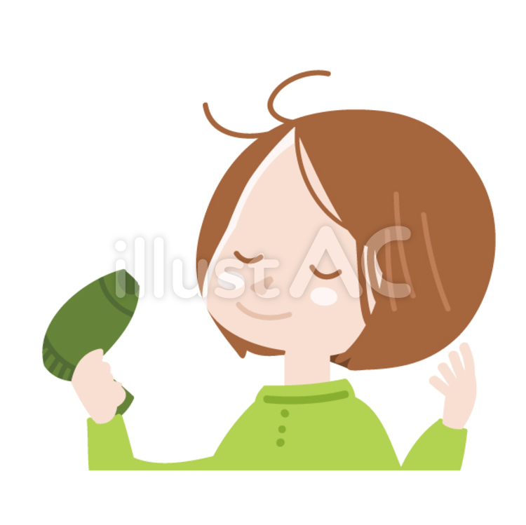 A smiling woman with short brown hair gently dries her hair with a green hairdryer, eyes closed in contentment.