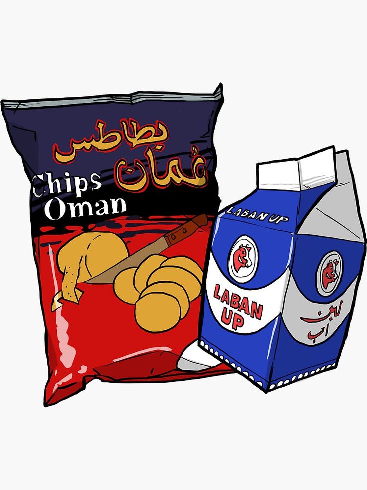 Illustrated bag of Chips Oman and carton of Laban Up yogurt drink, featuring Arabic branding and snack imagery.