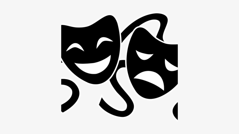 Black-and-white theatrical masks representing comedy (smiling) and tragedy (frowning), intertwined in a classic symbol of drama.