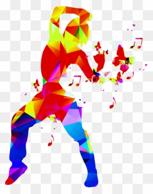 Vibrant geometric silhouette of a dancer in motion, surrounded by musical notes and butterflies on transparent background.