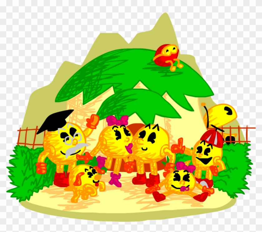 A cheerful group of yellow Pac-Man-style characters in a tropical setting with palm trees, mountains, and playful accessories.