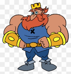 Muscular cartoon king with red beard, crown, blue tunic, and golden arm guards standing confidently.
