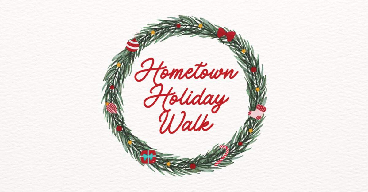 Watercolor holiday wreath with ornaments and "Hometown Holiday Walk" text in red script.